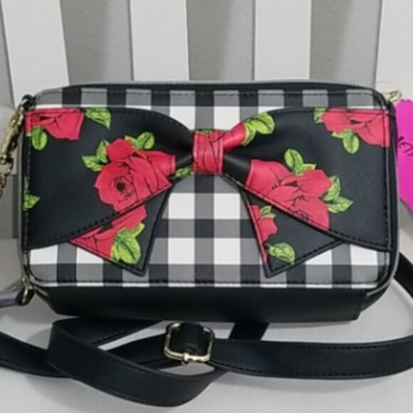 NWT Betsey Johnson GINGHAM ROSE CROSSBODY - Picture 2 of 9
